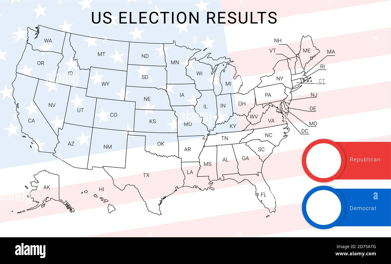 US election map. American Presidential Election results infographics template. All the states are separated and named in the layer panel. Stock Vector