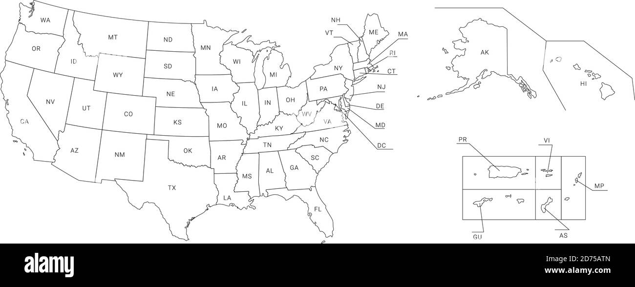 Map of America. United States Political map. US blueprint with the titles of states and regions. All countries are named in the layer panel. Stock Vector