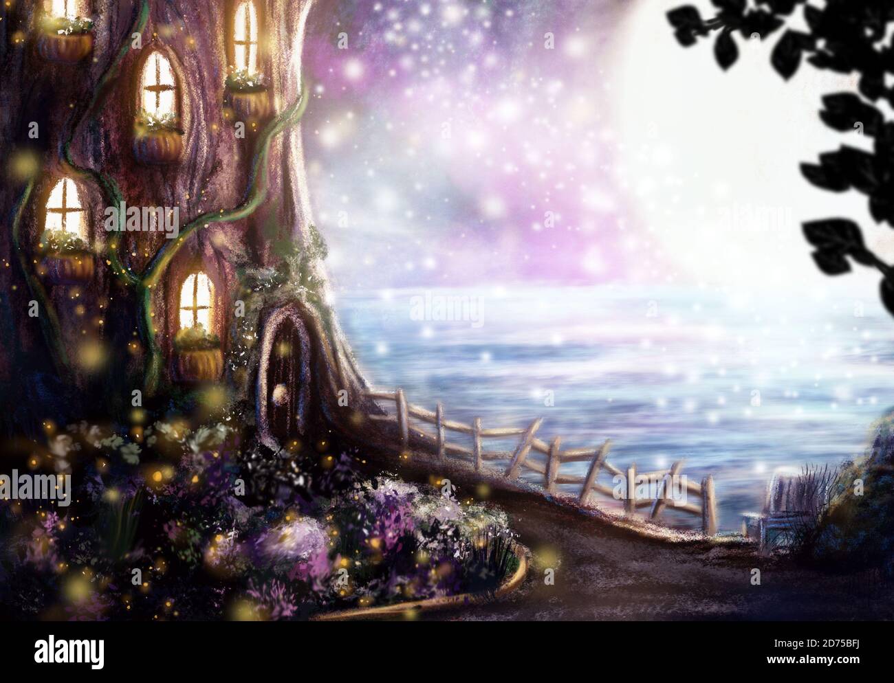 Magical Gnome or Fairy Tree House Overlooking the Sea with a Bright