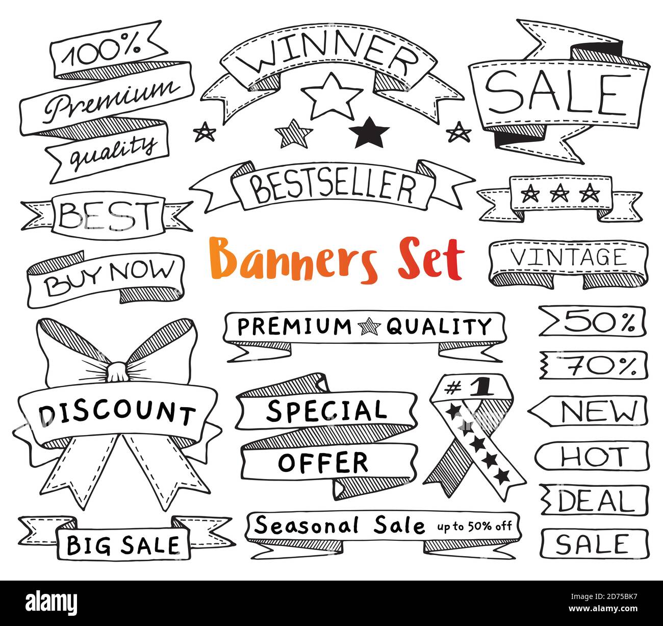 Doodle banners, flags, ribbons and tags set, hand drawn with thin line