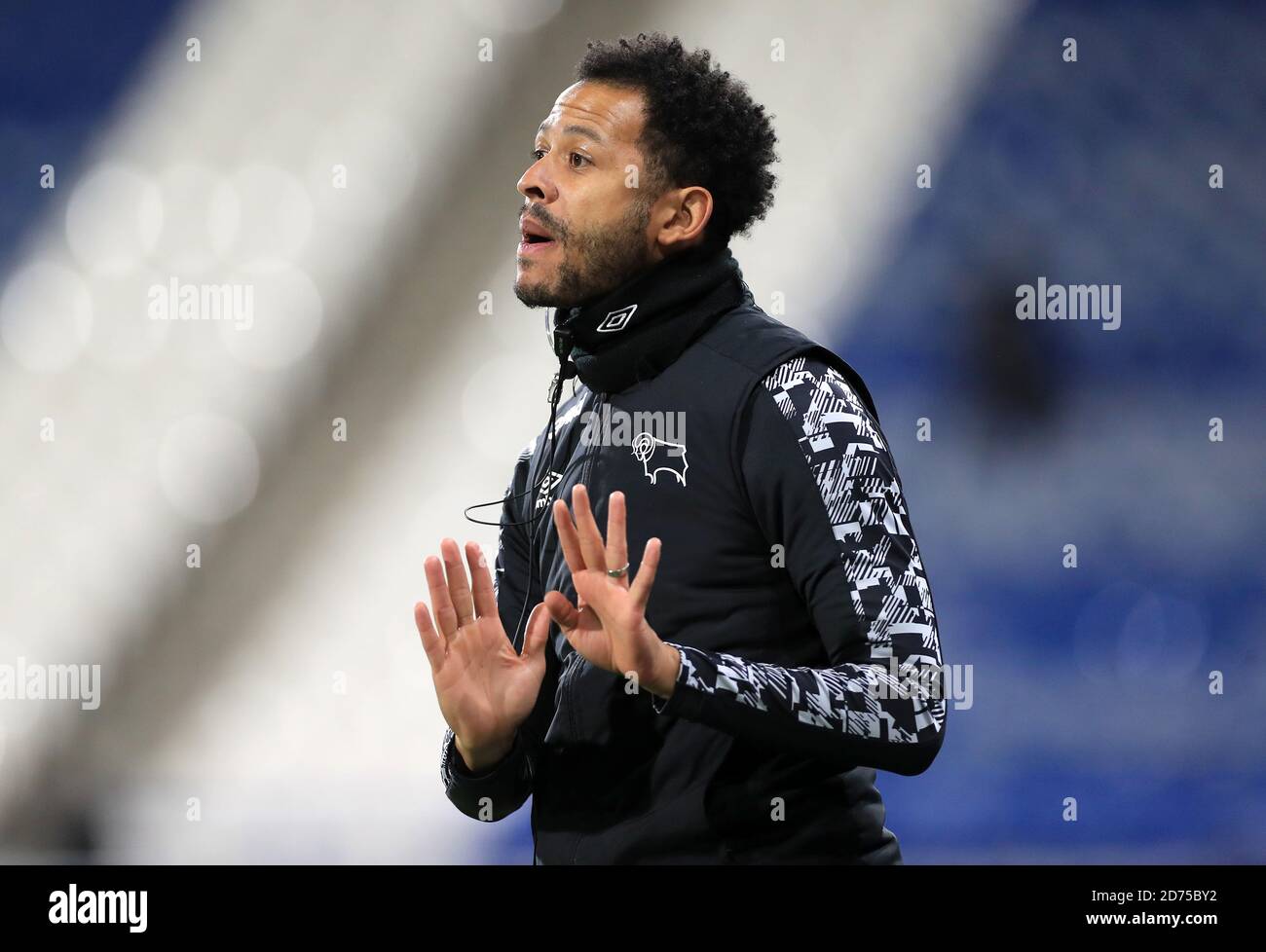 Derby County specialist first team coach Liam Rosenior during the Sky Bet Championship match at The John Smith's Stadium, Huddersfield. Stock Photo