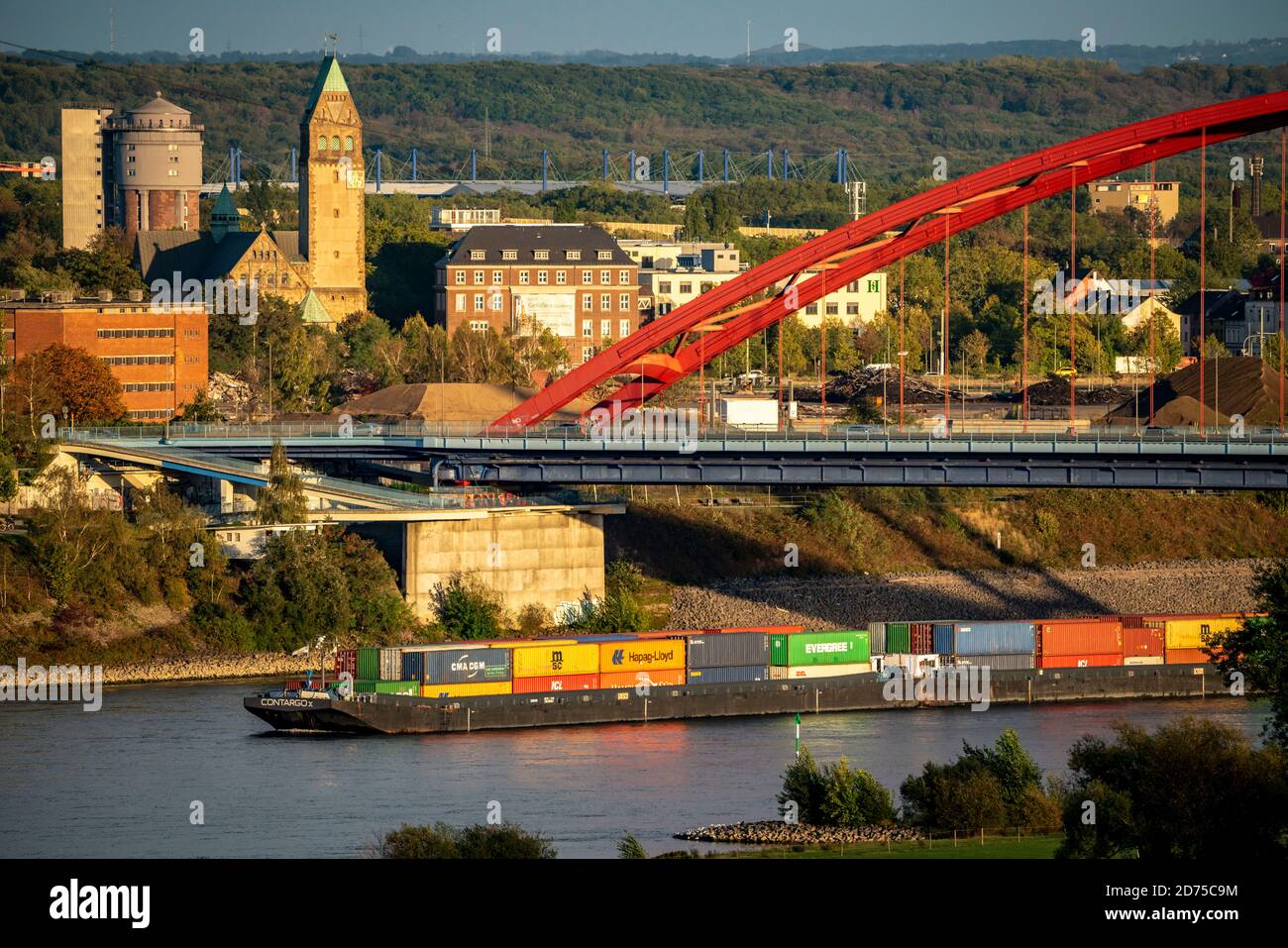 The Rhine near Duisburg, Bridge of Solidarity, Moerser Strasse, Rheinhausen, Marien-Hospital, Coptic - Orthodox Church, left the AWA - Akkurt Water To Stock Photo