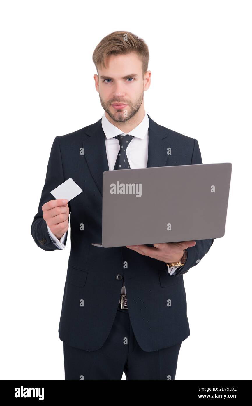 Businessman in formal style hold laptop computer and identity card for