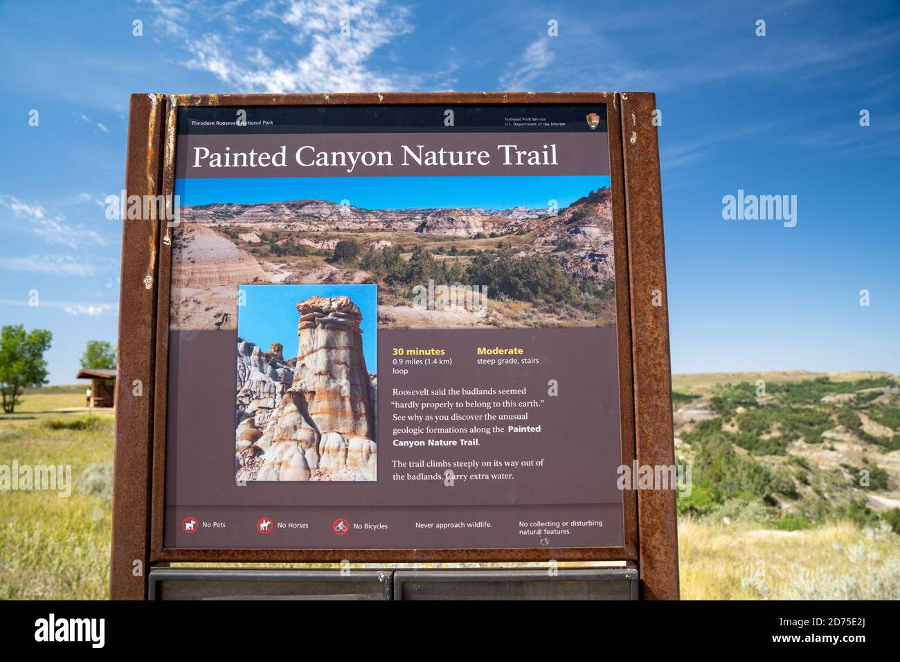 Medora, North Dakota - August 8, 2020: Sign for the Painted Canyon Nature Trail in Theodore Roosevelt National Park Stock Photo