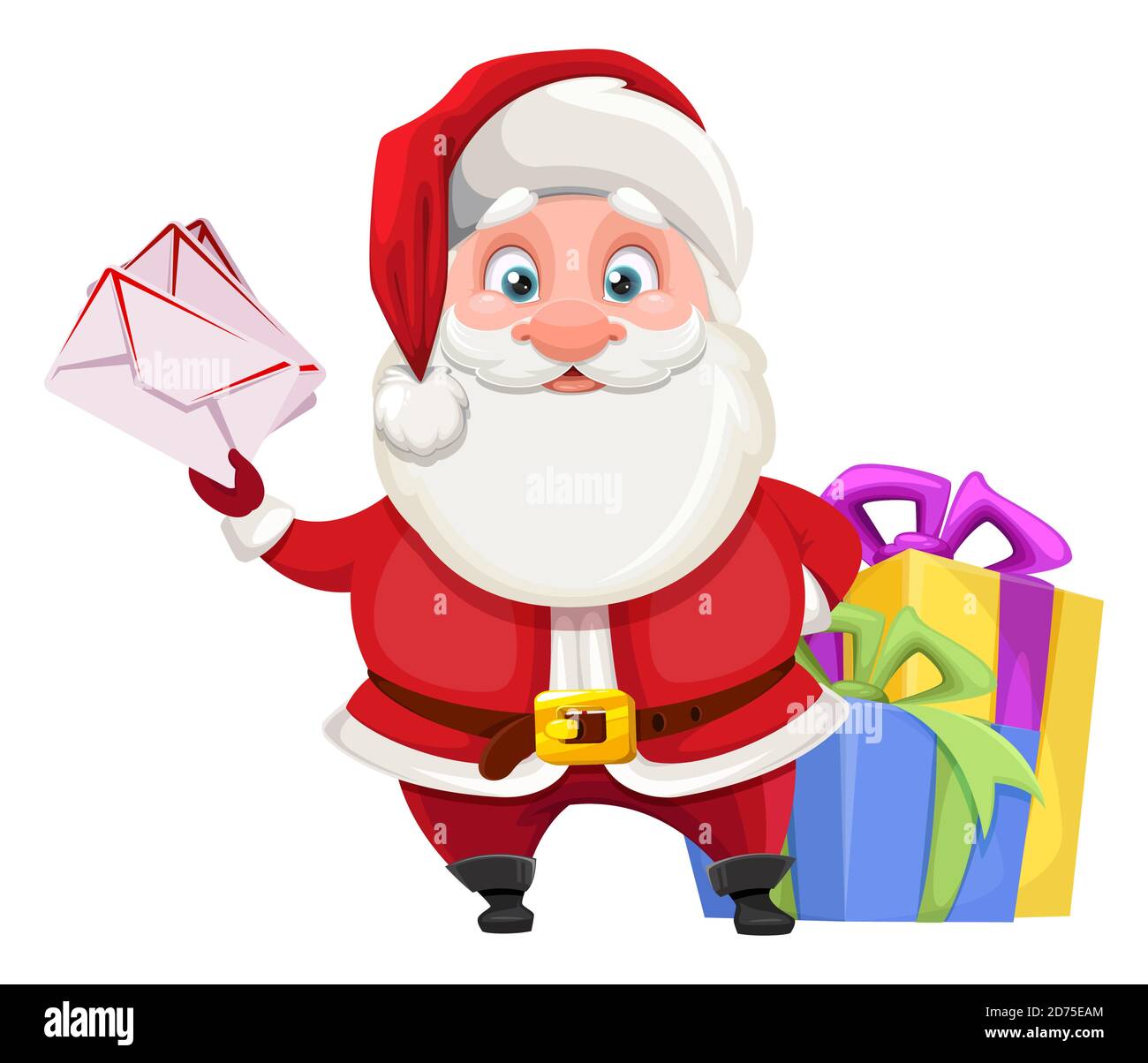 Merry Christmas and Happy New Year. Cheerful Santa Claus preparing presents for kids. Vector illustration on white background Stock Vector