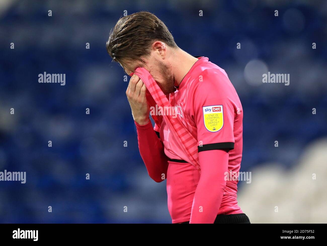 Derby County's Max Bird appears dejected during the Sky Bet Championship match at The John Smith's Stadium, Huddersfield. Stock Photo