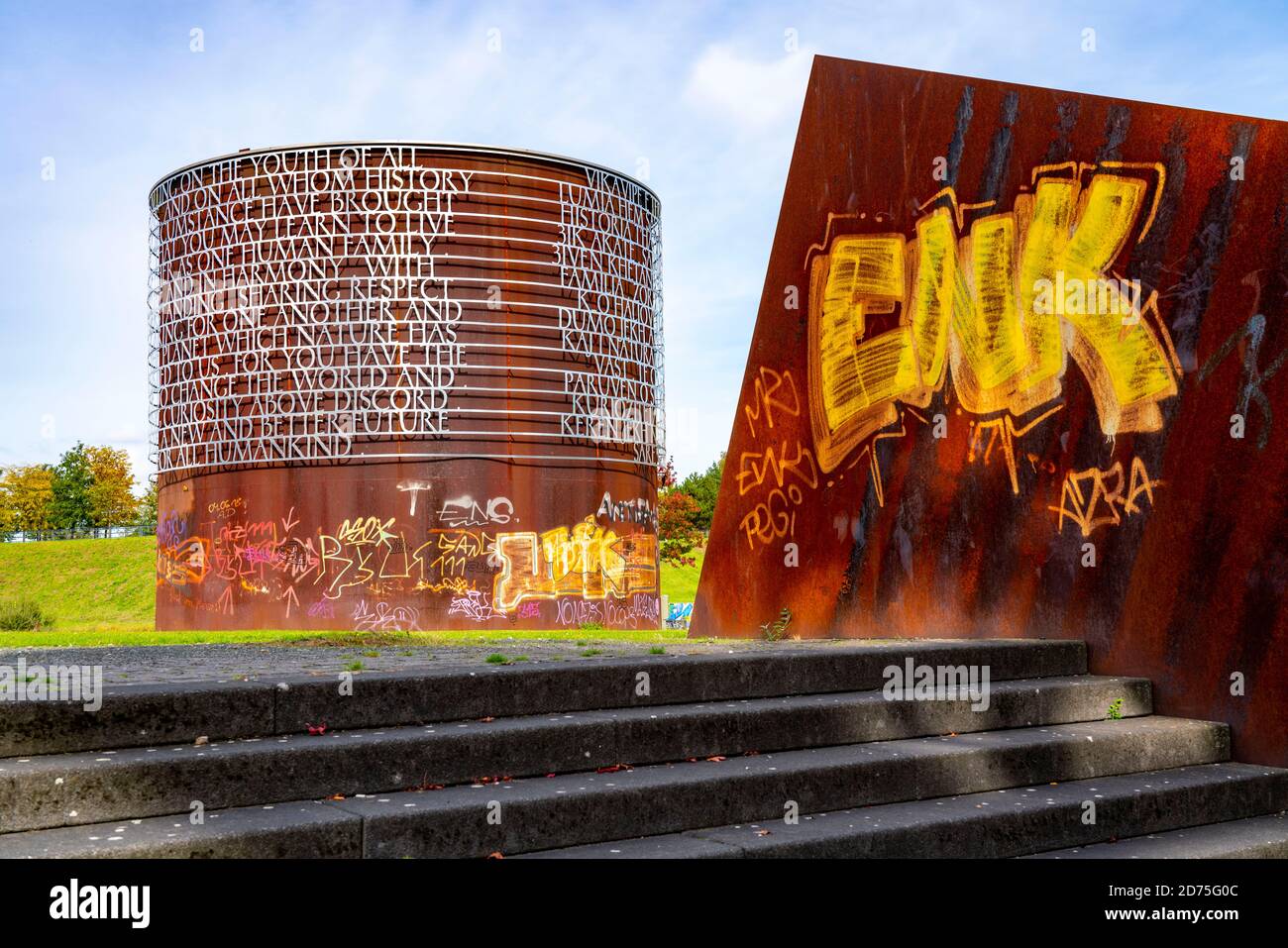 The Westpark in Bochum, sculpture by Olu Oguibeehemaliges, for the Ruhrtriennale 2018, 'Appeal to the Youth of All Nations', steelworks site in the we Stock Photo