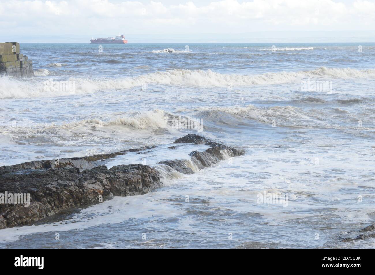 Rough seas at Kirkcaldy, Fife, with Liquid Petroleum Gas vessel in
