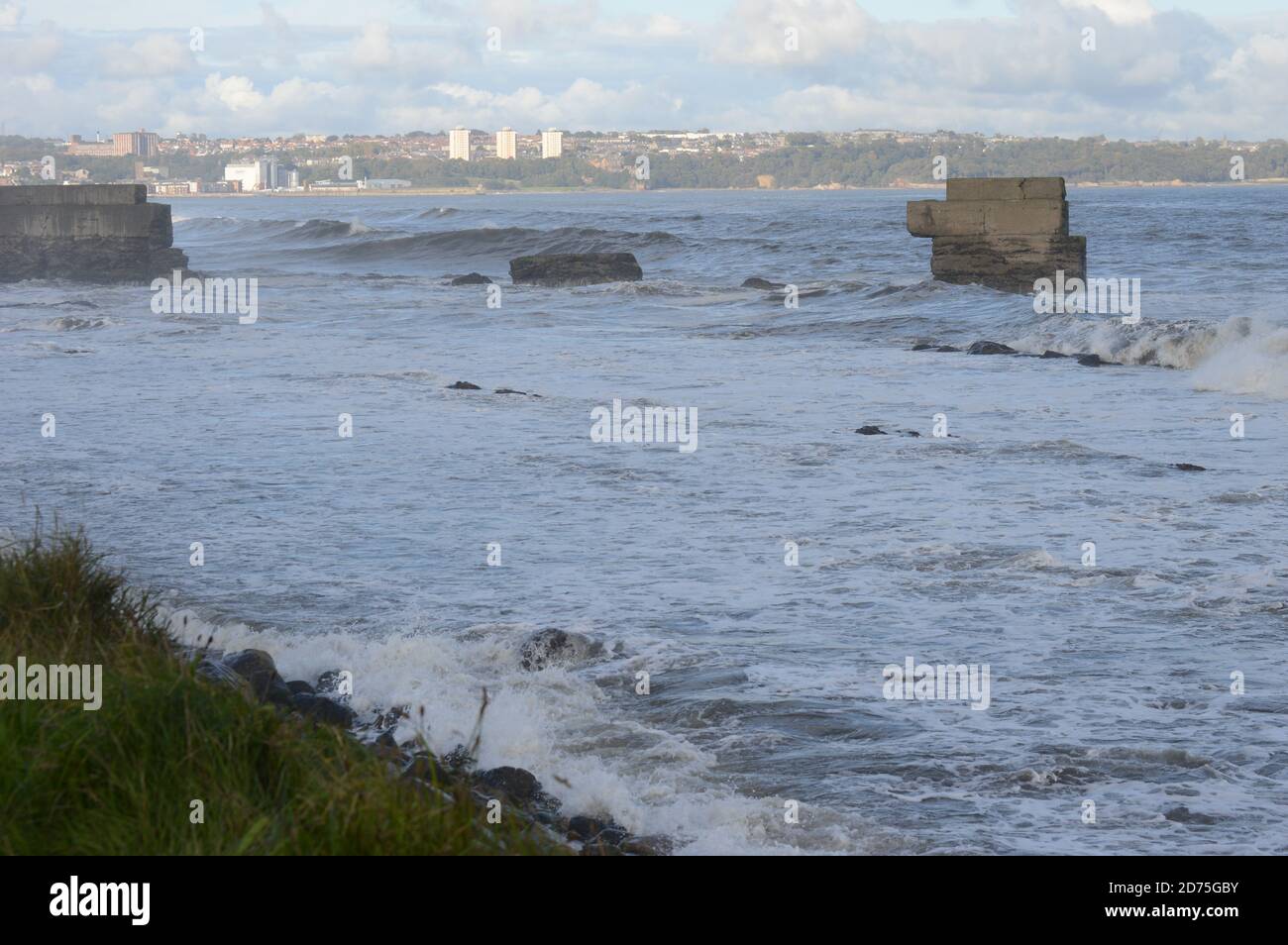 Rough seas at Kirkcaldy, Fife, with Liquid Petroleum Gas vessel in