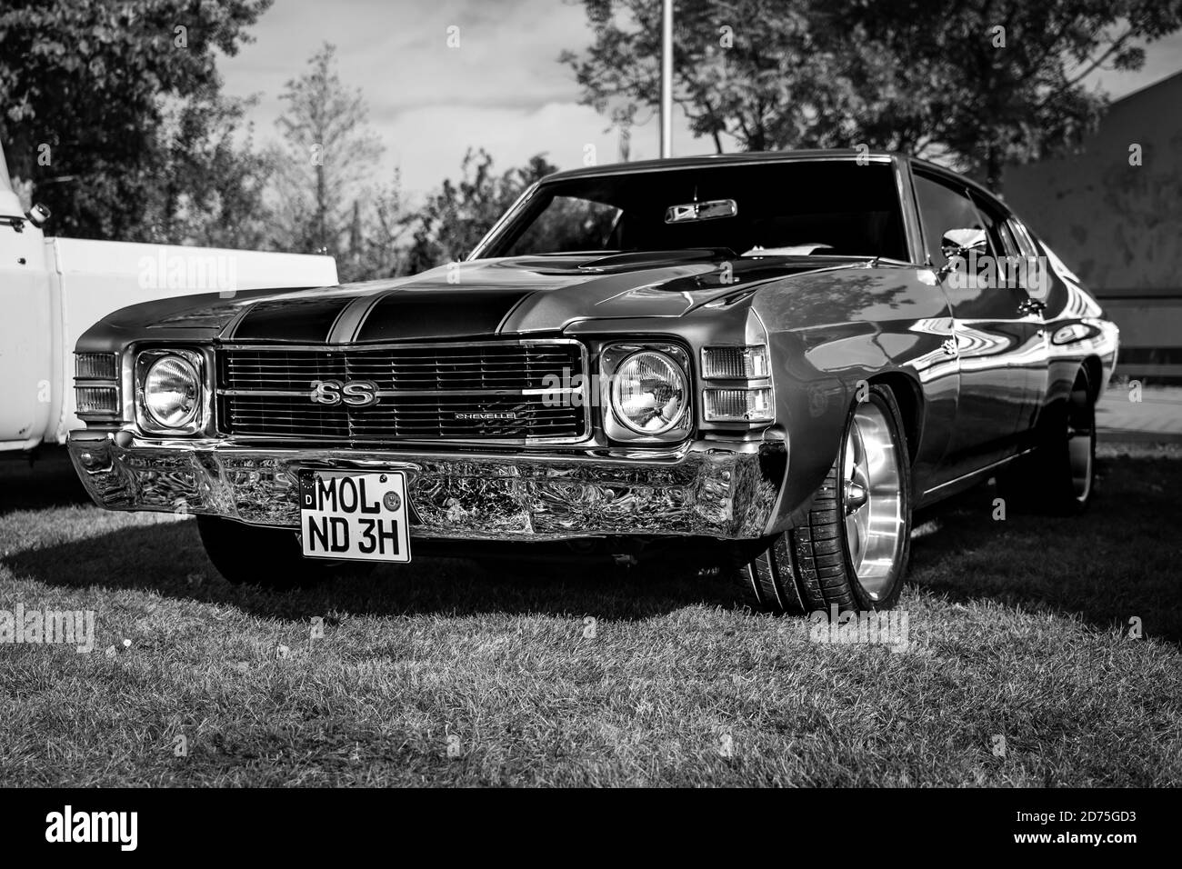 PAAREN IM GLIEN, GERMANY - OCTOBER 03, 2020: Mid-size car Chevrolet Chevelle SS, 1971. Black and white. Die Oldtimer Show 2020. Stock Photo