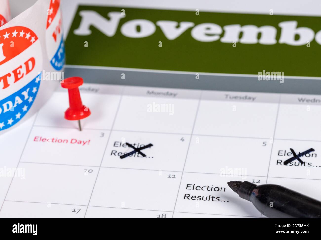 Calendar for November showing election day and various deleted reminders for results dues to delays in counting absentee ballot votes Stock Photo