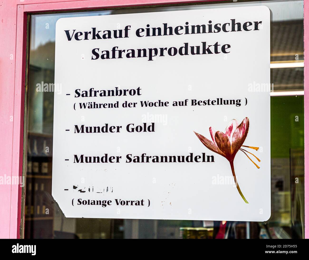 Saffron products sale sign in Valais. Saffron cultivation, harvest and processing in Mund, Naters, Switzerland Stock Photo