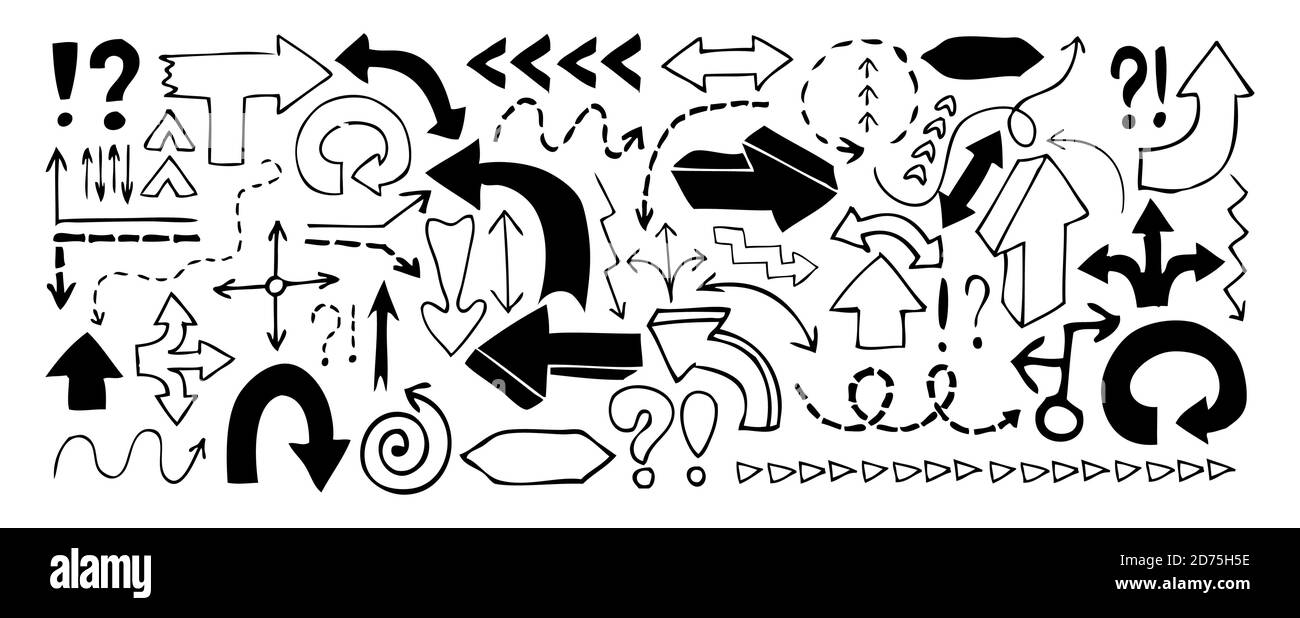 Doodle arrows, exclamation signs and question marks Stock Vector