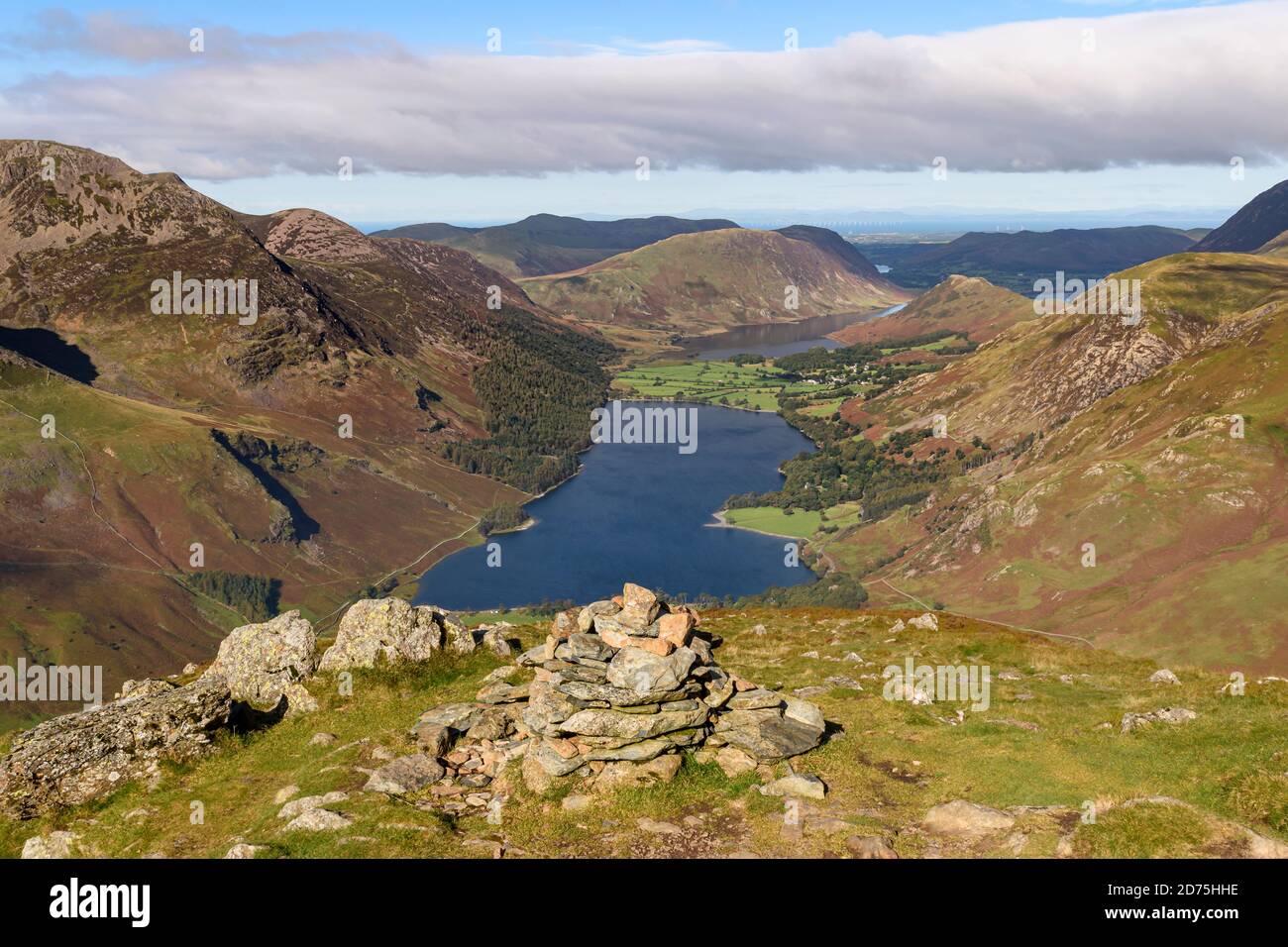 View from the summit of Fleetwith Pike of Buttermere surrounded by the high fells Stock Photo