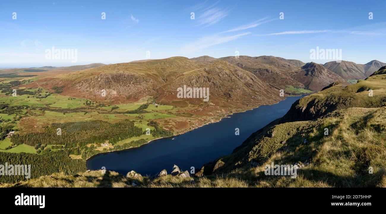 Panoramic view along the length of Wast Water from Whin Rigg on a fabulously clear autumn day. Stock Photo