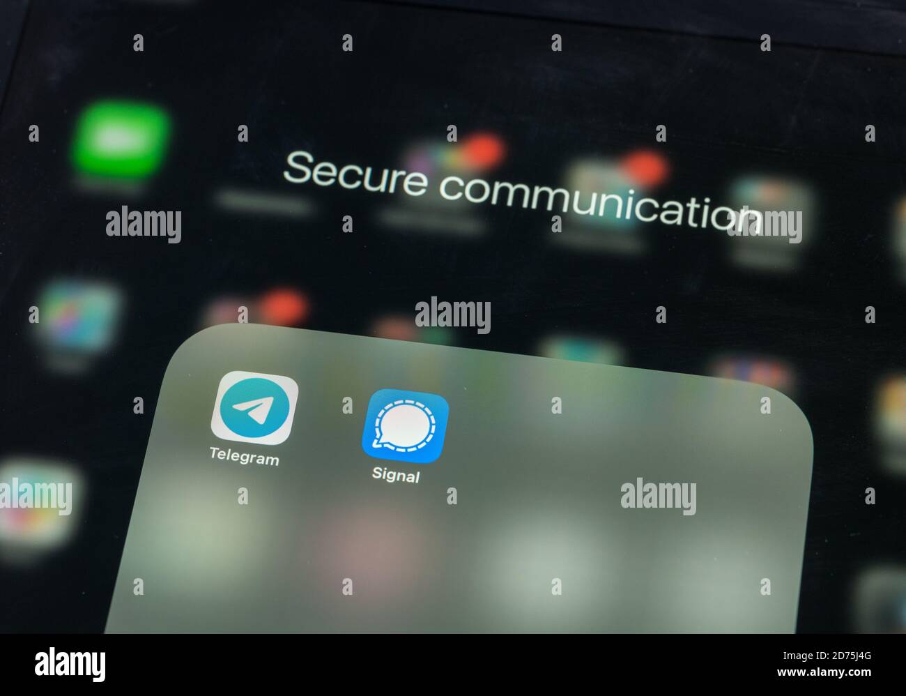 Morgantown, WV - 20 October 2020: Close up of smartphone screen with focus on Telegram and Signal apps. These are encrypted and secure from end to end Stock Photo