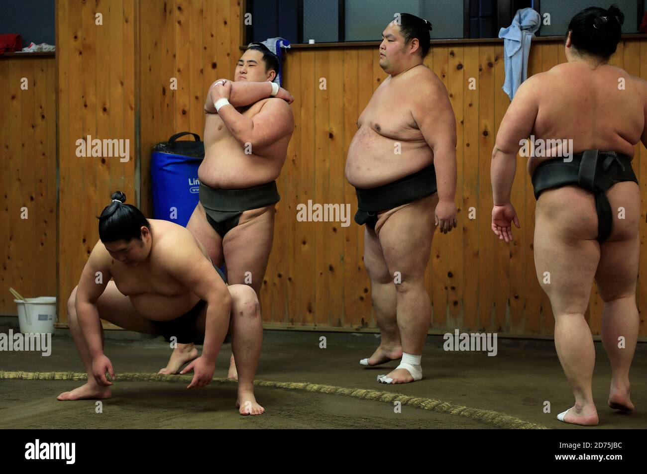Japanese Sumo wrestlers training inside a traditional Sumo stable in ...