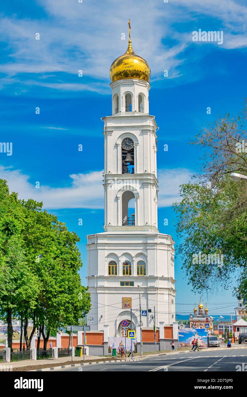 Bell tower of the Iversky monastery in Samara, Russia Stock Photo