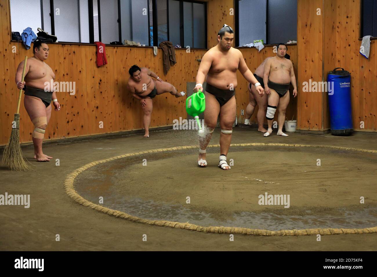 Japanese Sumo wrestlers training inside a traditional Sumo stable in ...