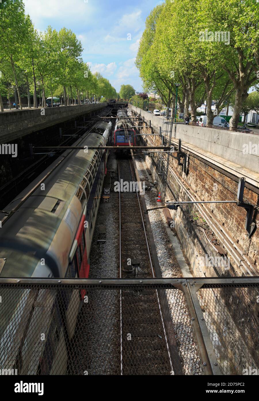 Paris RER, Line C. The RER is part of the public transportation system of Paris.  These trains connect the centre of Paris to the outlying suburbs. Stock Photo