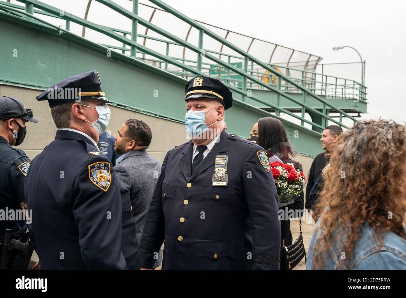 Family members and police officers attend bridge name dedication and plaque installation in memory of Randolph Holder in Harlem. Pedestrian footbridge over Franklin D. Roosevelt Drive at 120th Street where officer Holder was killed in 2015 connects Harlem streets and public bike and walkway along Harlem river. Randolph Holder was posthumously promoted from the rank of officer to the rank of Detective. Detective Randolph Holder was shot and killed while pursuing an armed male subject. (Photo by Lev Radin/Pacific Press) Stock Photo