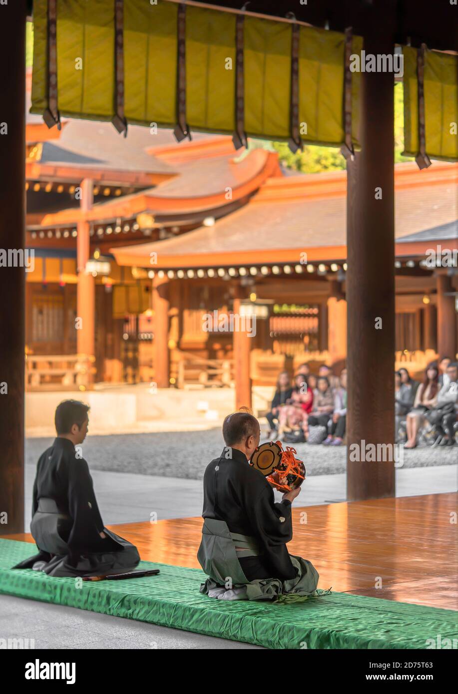 tokyo, japan - november 02 2019: Japanese man sitting in seiza pose playing a kagura dance rhythm on a traditional Japanese tsuzumi drum in Shinto Mei Stock Photo