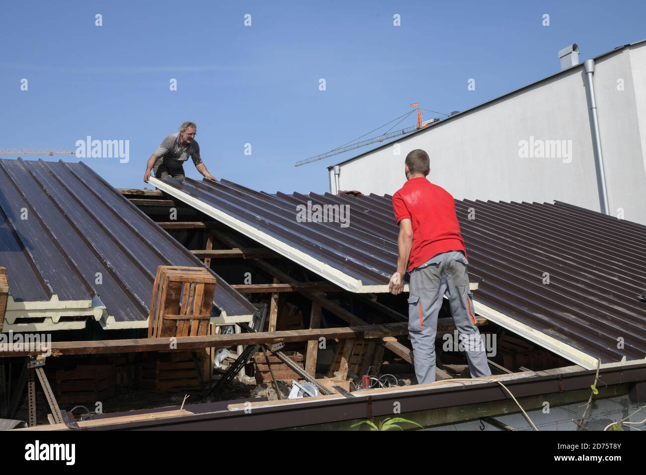 Two workers roofer builder working on roof structure on construction site Stock Photo