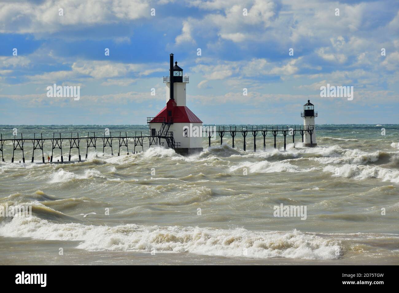 St. Joseph, Michigan, USA. The St. Joseph Pier inner and outer lights. The St. Joseph Lighthouse or North Inner Pier Lighthouse. Stock Photo
