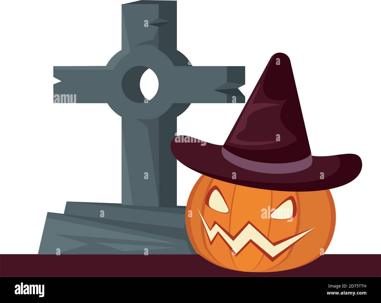 halloween pumpkin wearing witch hat with graveyard cemetery vector ...