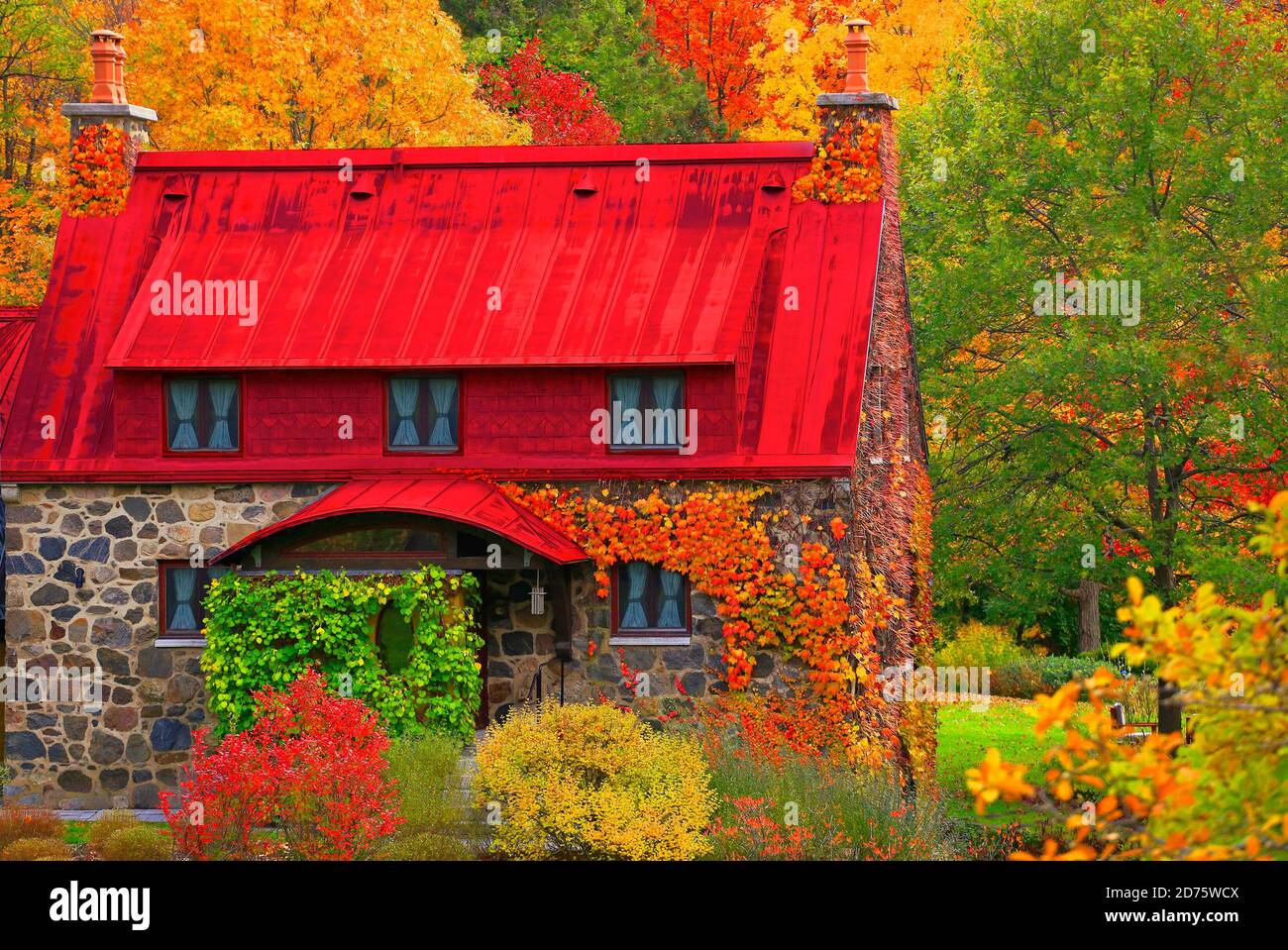 Dreamy house with autumn leaf color, Quebec in Canada Stock Photo - Alamy