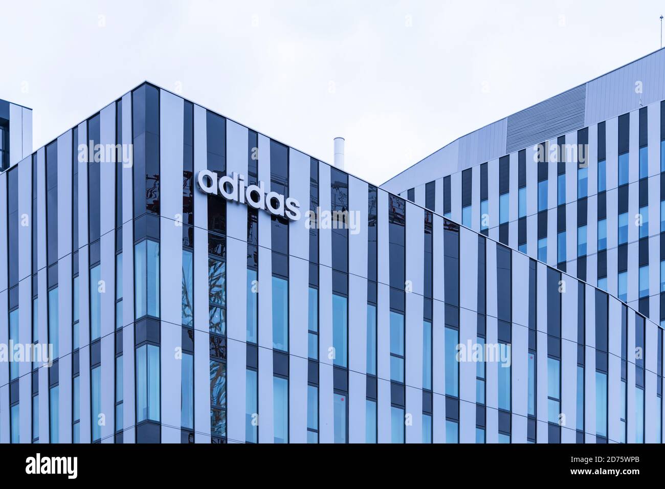 Strasbourg, France - Oct 18, 2020: Low angle view of Adidas sportswear  European headquarter logotype on the building Stock Photo - Alamy