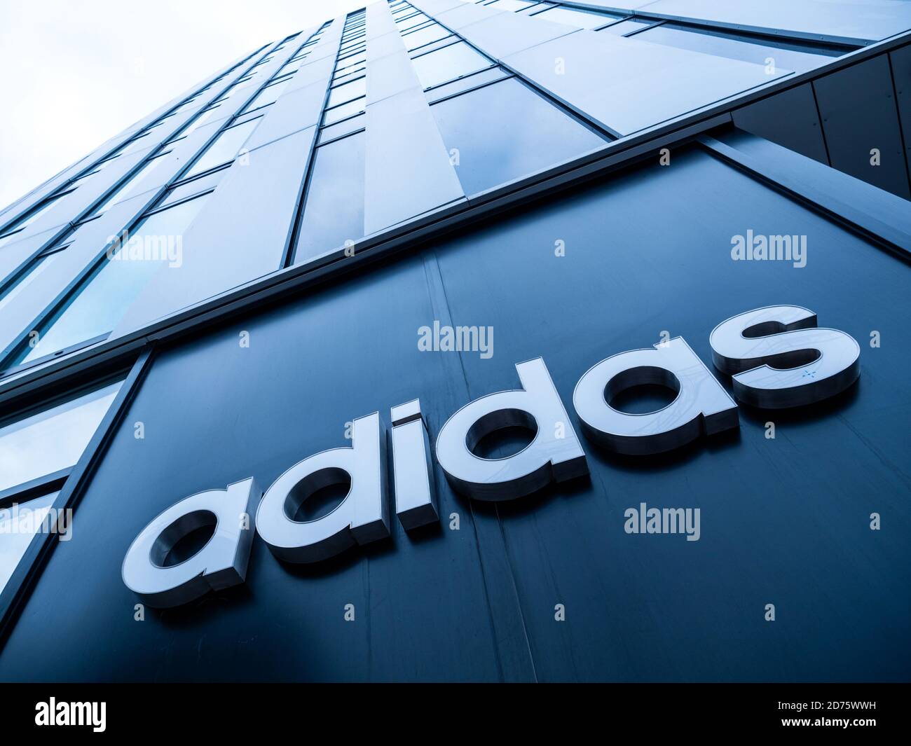 Strasbourg, France - Oct 18, 2020: Low angle view of Adidas Sportswear  logotype on the facade of European headquarters in Strasbourg Stock Photo -  Alamy