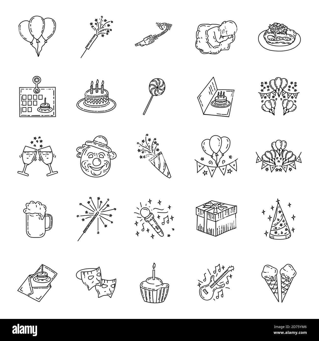 Birthday Set Icon Vector. hand drawn style. doodle art style. Stock Vector