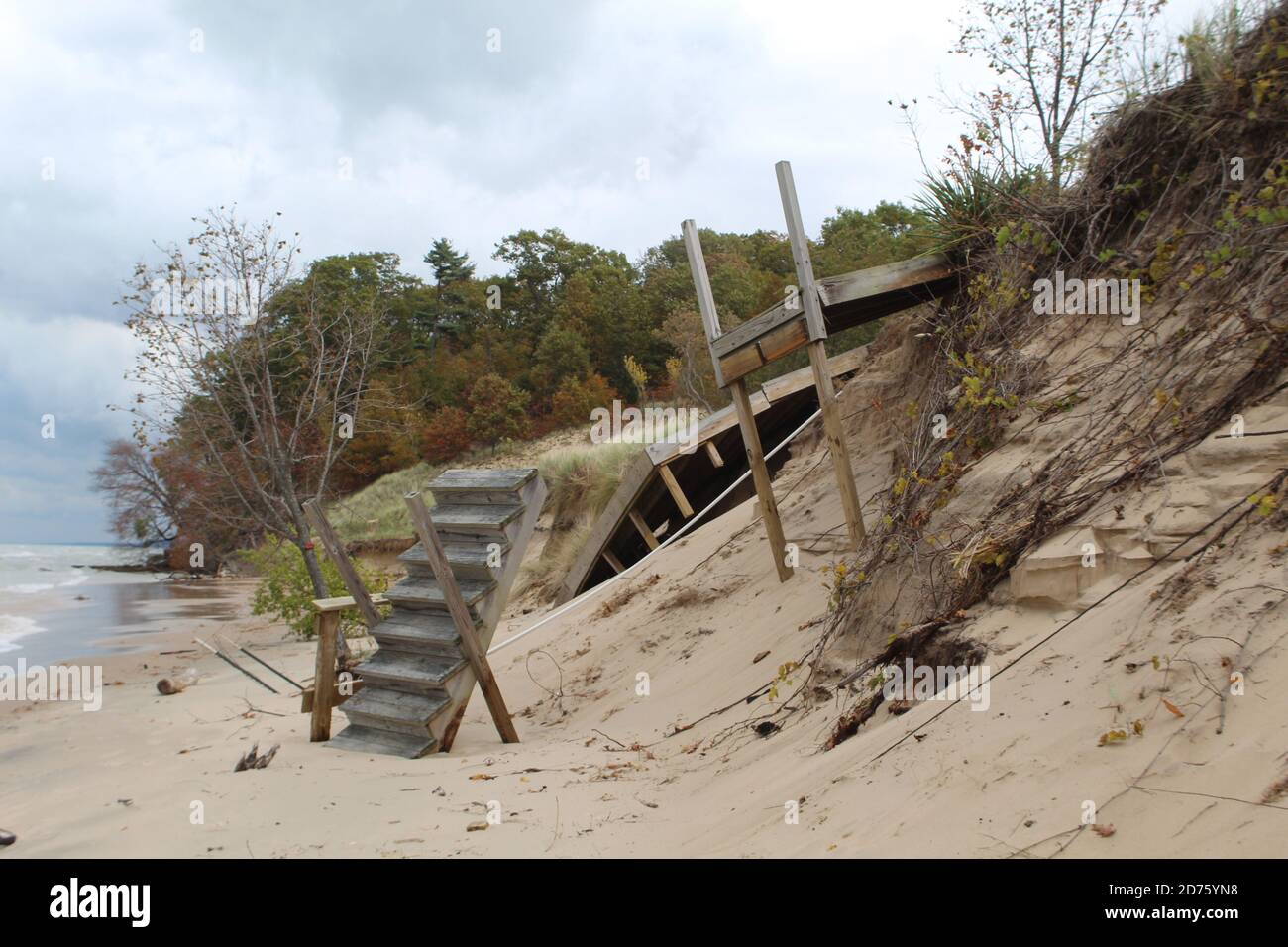 Destroyed stairs and pier on an eroded Lake Michigan beach at Hagar