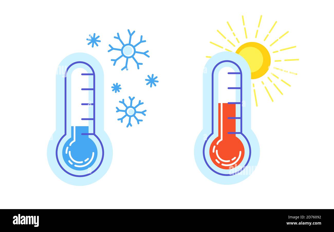 Hot and cold icon thermometer. Warm with sun, cold and snowflake meteorology thermometers celsius and fahrenheit. Vector outdoor temperature cartoon logo. Flat web sign Stock Vector