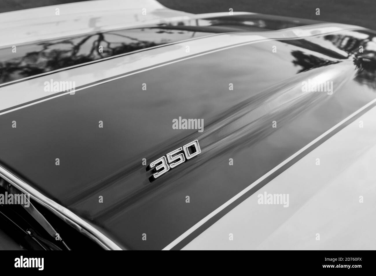 Black and white photo of the hood of a 1971 Chevy Chevelle muscle car Stock Photo
