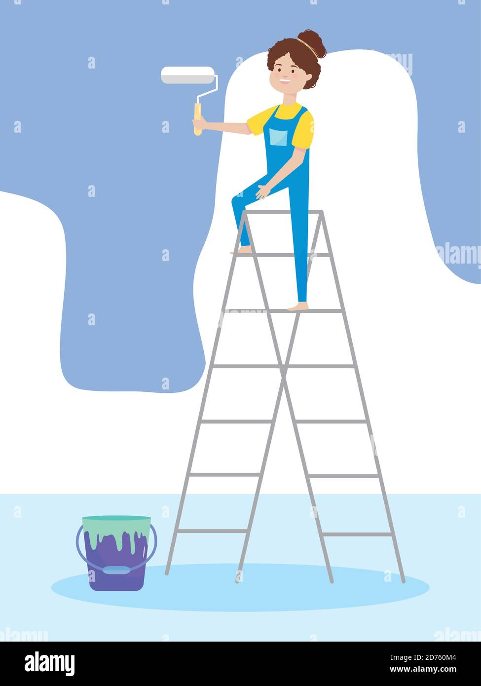young woman on ladder wall paint with roller and bucket vector