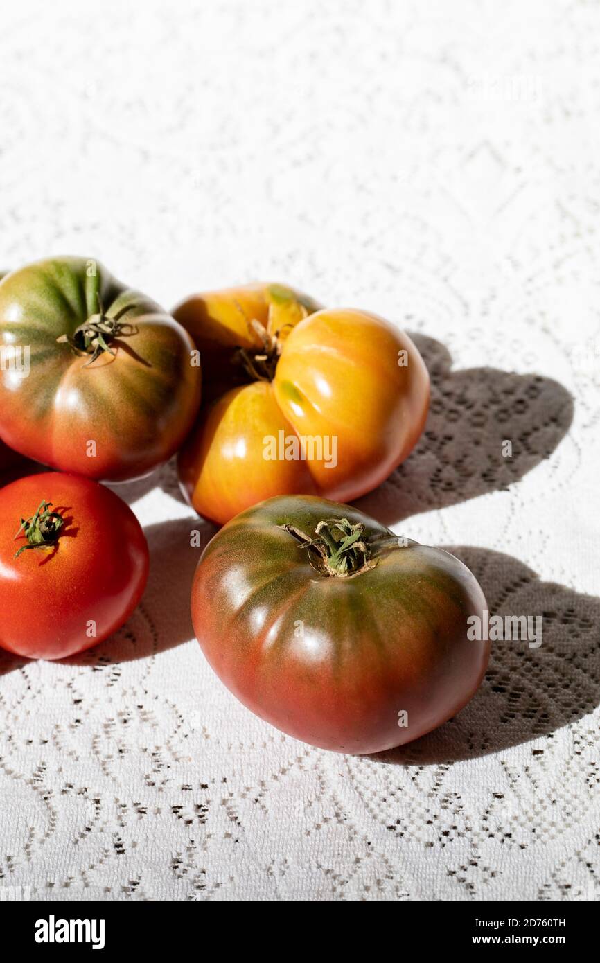 Harvested Tomatoes on White Lace Tablecloth Stock Photo