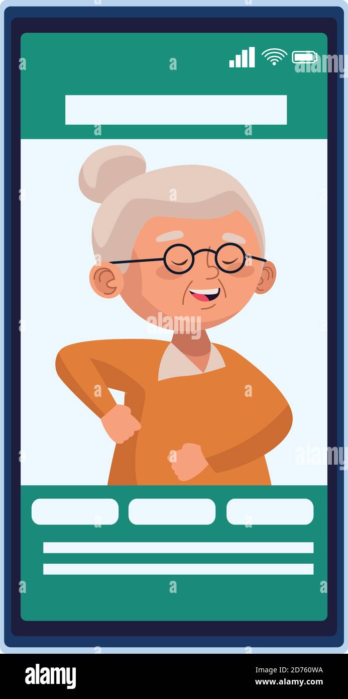 cute old woman dancing character in smartphone vector illustration design Stock Vector