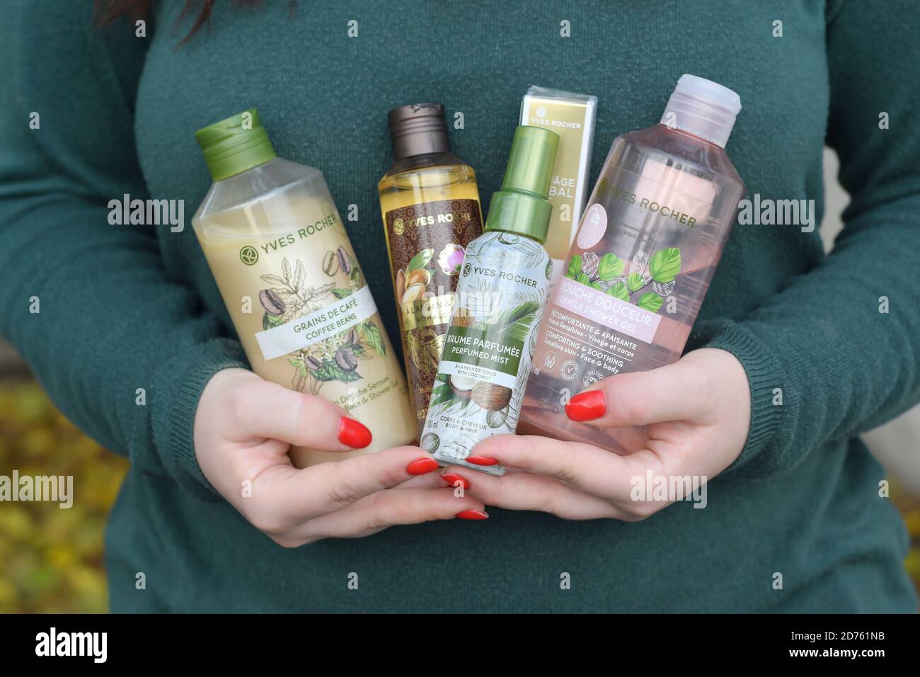 KHARKOV, UKRAINE - OCTOBER 16 2020: Young girl holds Yves Rocher production  in bottles. Yves Rocher is a worldwide cosmetics and beauty brand founded  Stock Photo - Alamy
