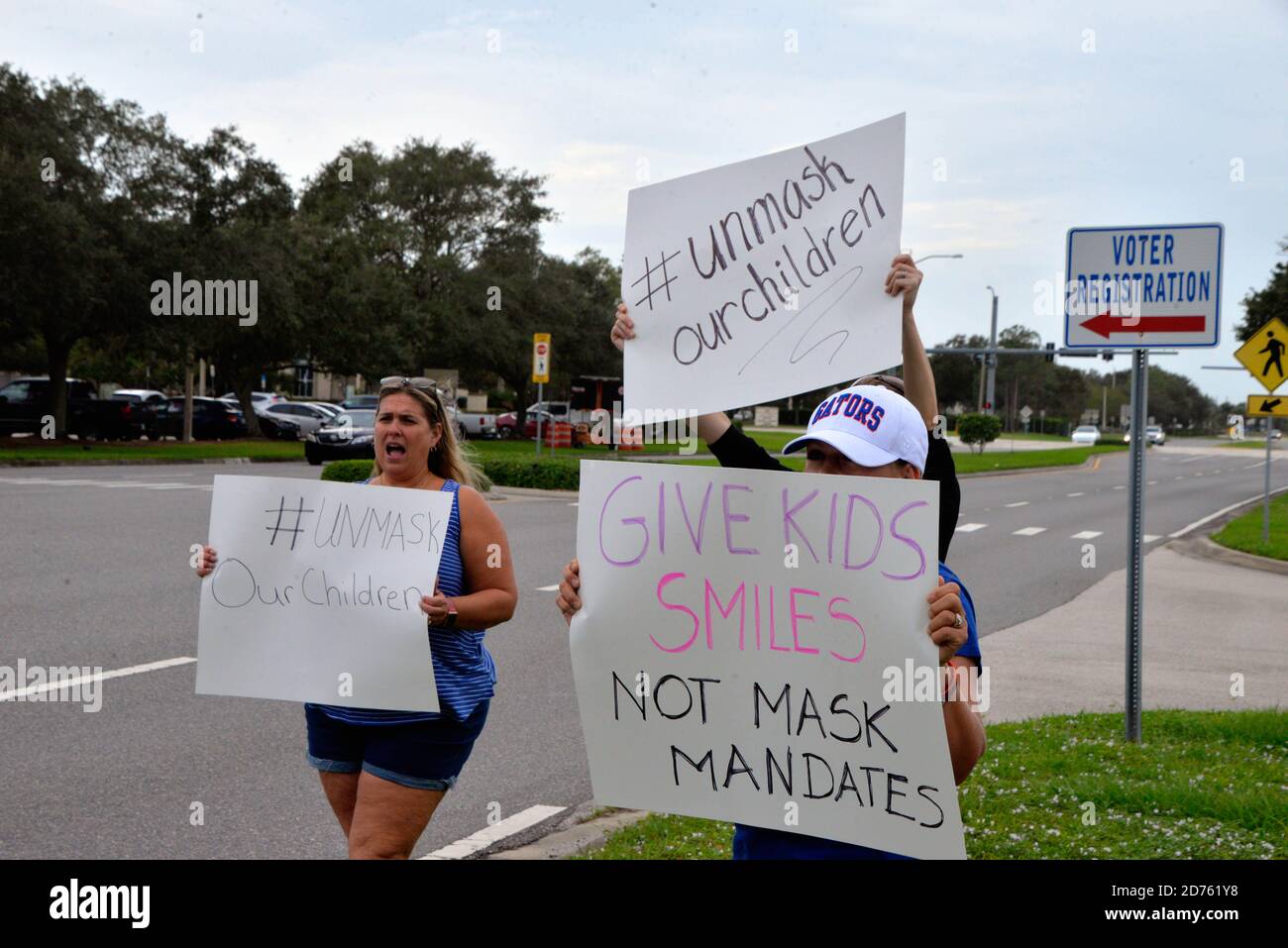 Viera, Brevard County, Florida, USA. October 20, 2020. One week before the Brevard County School Board meeting a group has already started to protest outside the school board building. The group wants the board to rescind the mandatory face mask requirement for students due to the Corona 19 virus. Credit: Julian Leek/Alamy Live News Stock Photo