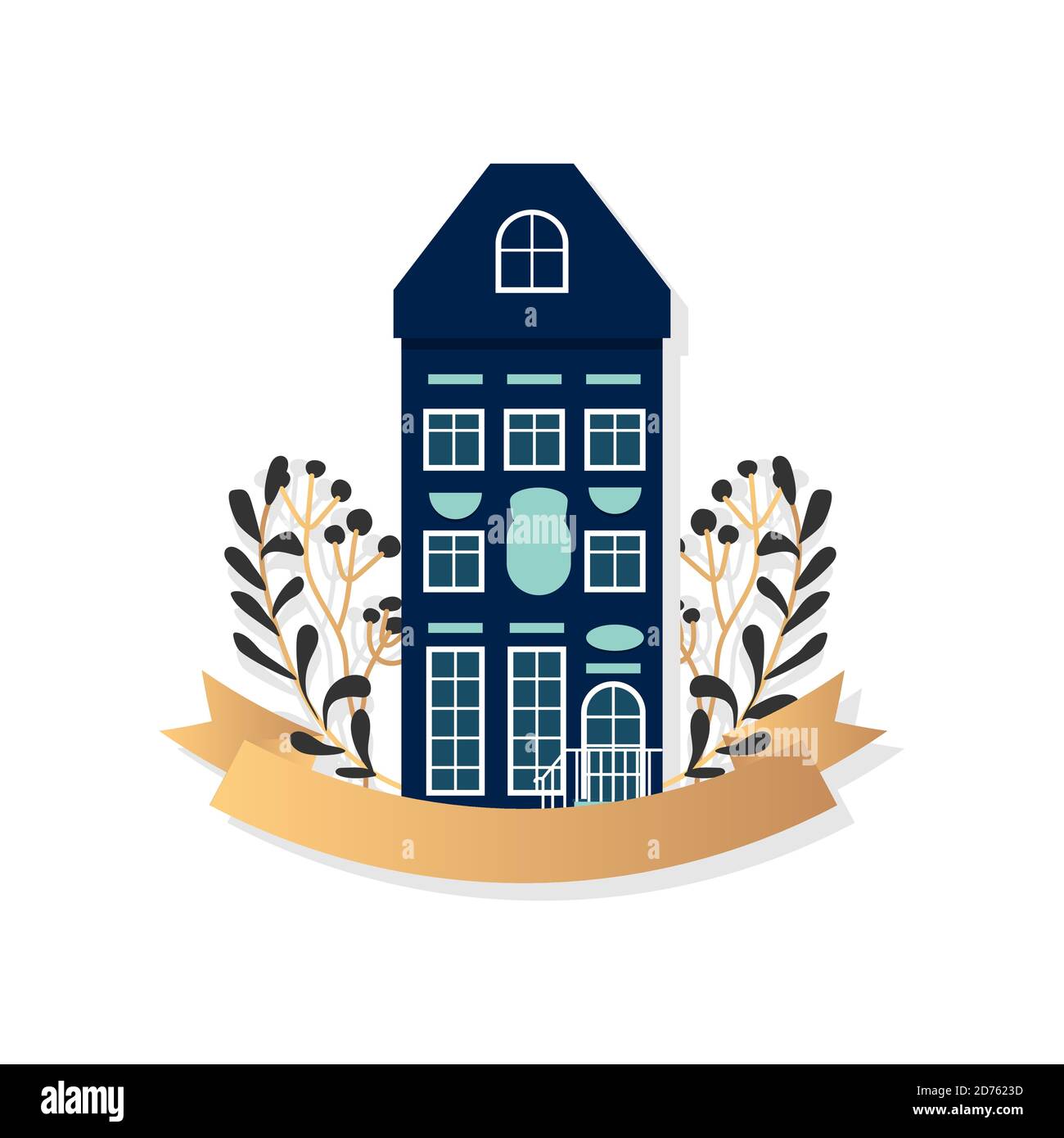 Cartoon colorful architecture Amsterdam, classic building facade in flat style. House with trees, bush, clouds, lantern. Composition small town closeup, landscape banner. Isolated vector illustration Stock Vector