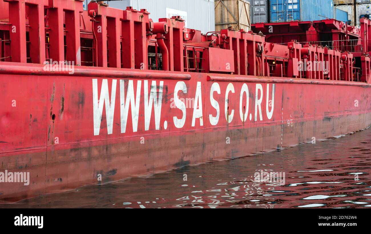 View of side of Russian cargo container ship Sasco Angara with