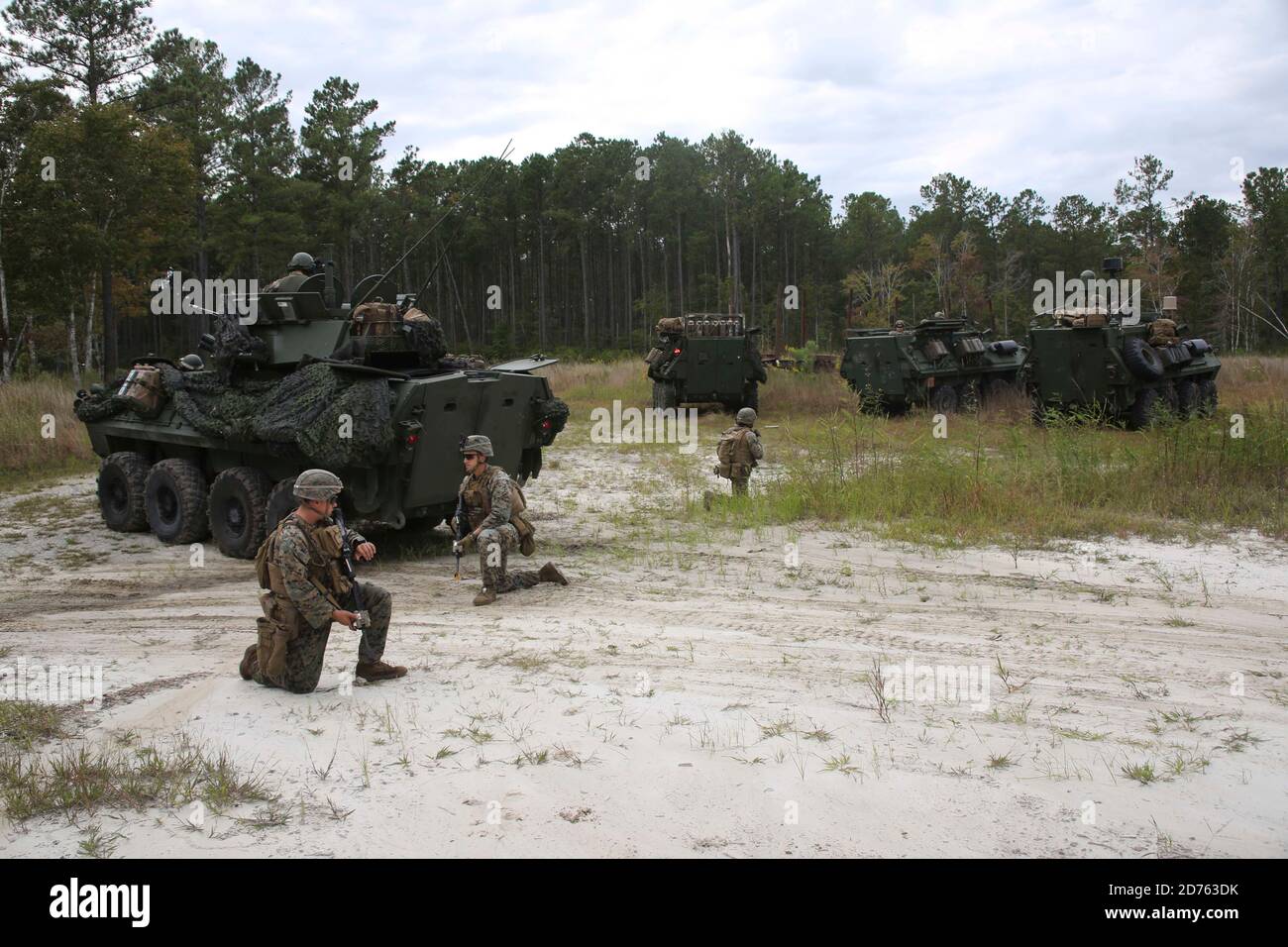 Marines with 1st Battalion 8th Marine Regiment (1/8 Marines), currently attached to the 24th Marine Expeditionary Unit (24th MEU) set up security while assisting in a Tactical Recovery of Aircraft and Personnel (TRAP) exercise during Realistic Urban Training at Camp Lejeune, N.C., Sept. 30, 2020. Realistic Urban Training allows Marines and Sailors the opportunity to train in a controlled, realistic environment utilizing the MEU's command, air, ground and logistics elements. (U.S. Marine Corps photo by Lance Cpl. Nicholas Guevara) Stock Photo