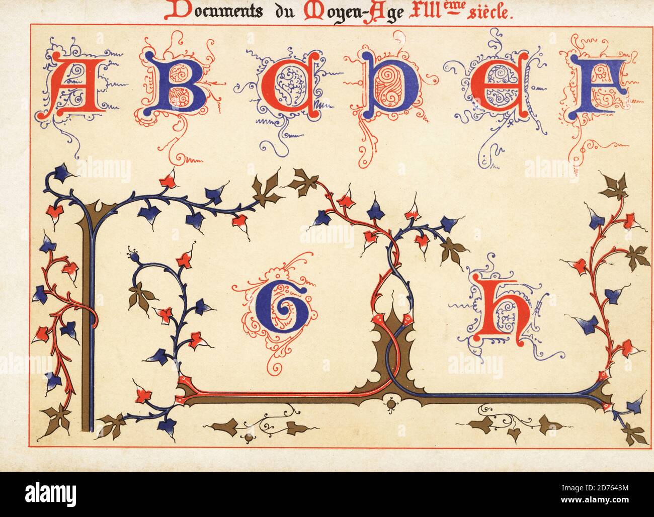 Alphabet of decorative initial letters from A to H, with filigree and foliage, from a 13th century illuminated Latin psalter in the Bibliotheque National, manuscript 10435. Tire du Psautier Latin No. 10435, Bib. Nat. Chromolithograph designed and lithographed by Ernst Guillot from his Ornementation des Manuscrits au Moyen-Age (Ornamentation from Manuscripts of the Middle Ages), Paris, 1897. Stock Photo