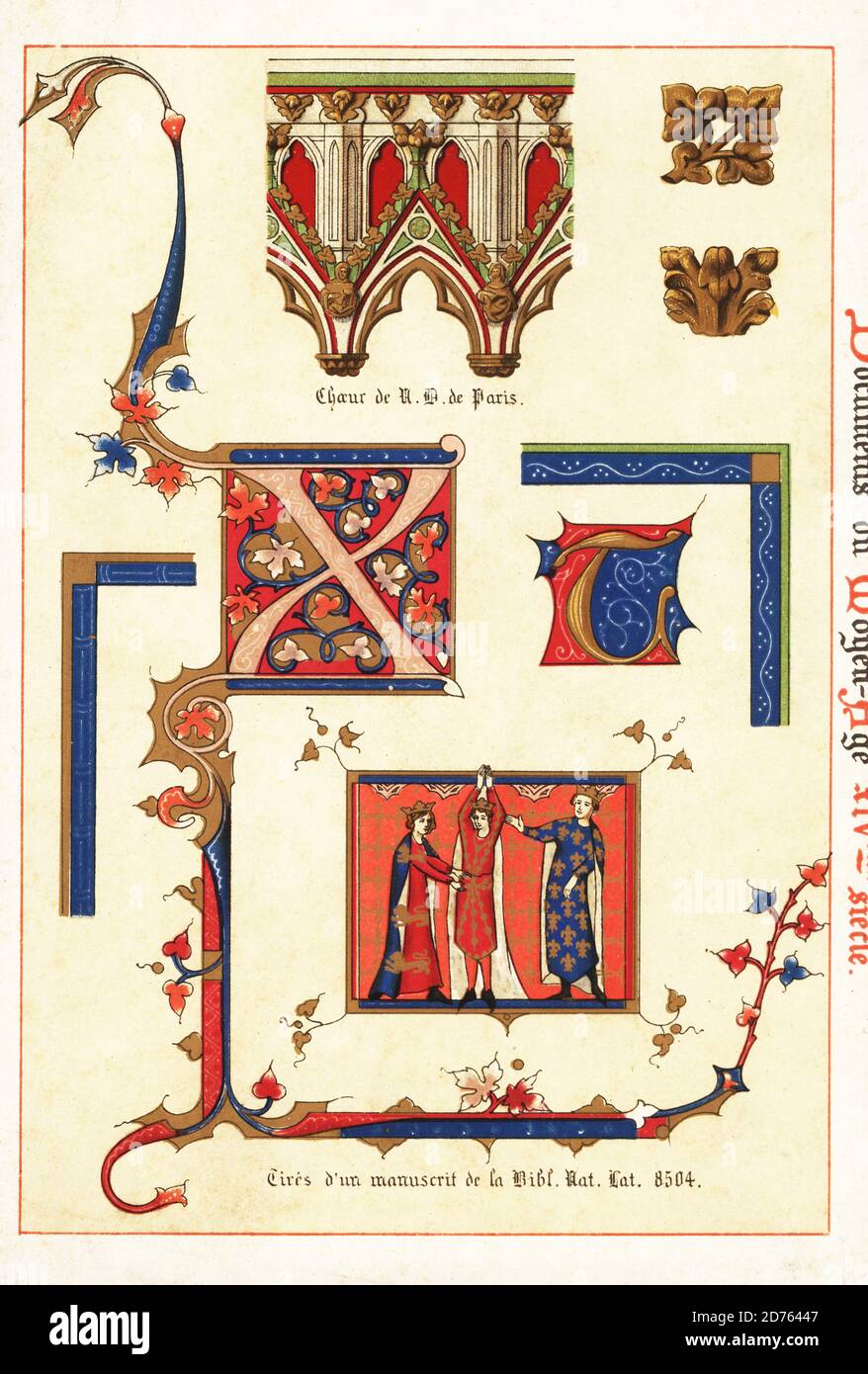 Painted carving from the choir at Notre Dame de Paris, and fancy initials X and T, scene with three crowned figures in armorial tunics, from a 14th century manuscript, fabula romanensis de Calila et Dina, by Raymundo de Biterris, in the Bibliotheque National No. 8504.. Choeur de ND de Paris, Tires d’un manuscrit de la Bibl. Nat. Lat. 8504. Chromolithograph designed and lithographed by Ernst Guillot from his Ornementation des Manuscrits au Moyen-Age (Ornamentation from Manuscripts of the Middle Ages), Paris, 1897. Stock Photo