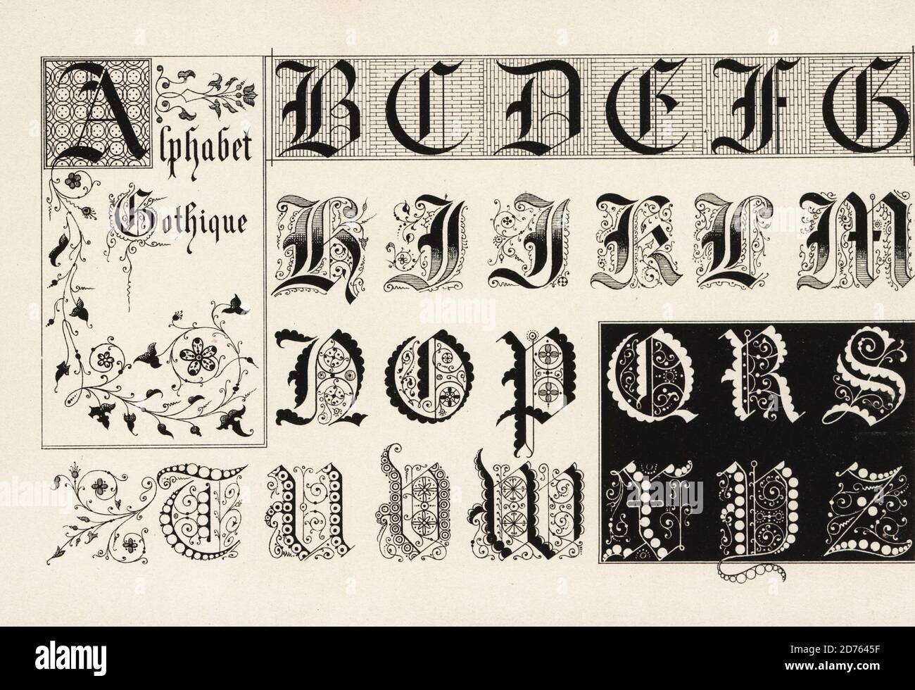Initial letters from a Gothic alphabet. Alphabet Gothique. Chromolithograph designed and lithographed by Ernst Guillot from his Ornementation des Manuscrits au Moyen-Age (Ornamentation from Manuscripts of the Middle Ages), Paris, 1897. Stock Photo