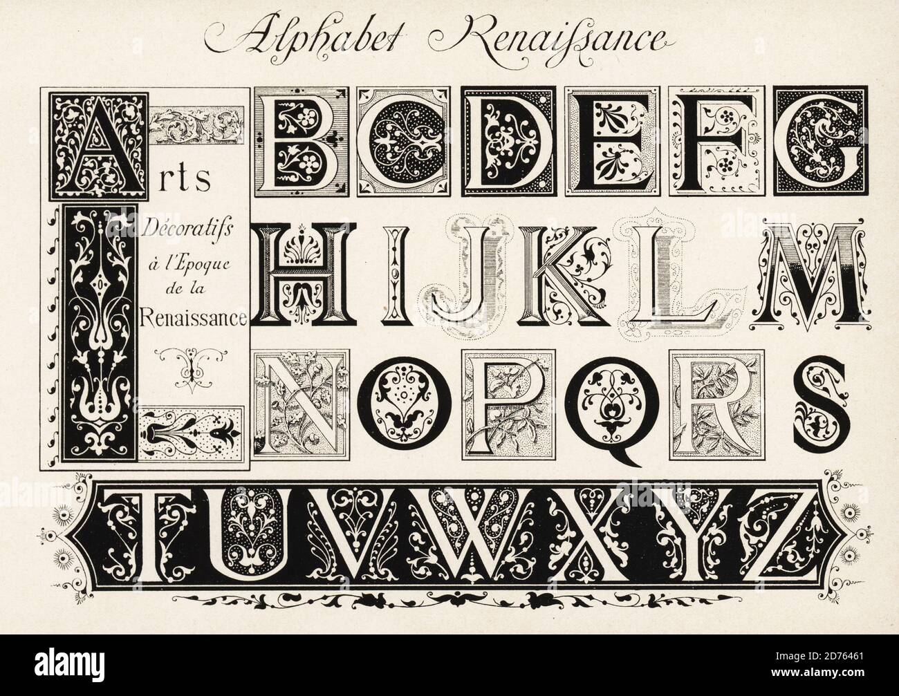 Alphabet of decorative initial letters from the Renaissance. Alphabet  Renaissance. Chromolithograph designed and lithographed by Ernst Guillot  from his Ornementation des Manuscrits au Moyen-Age (Ornamentation from  Manuscripts of the Middle Ages), Paris,