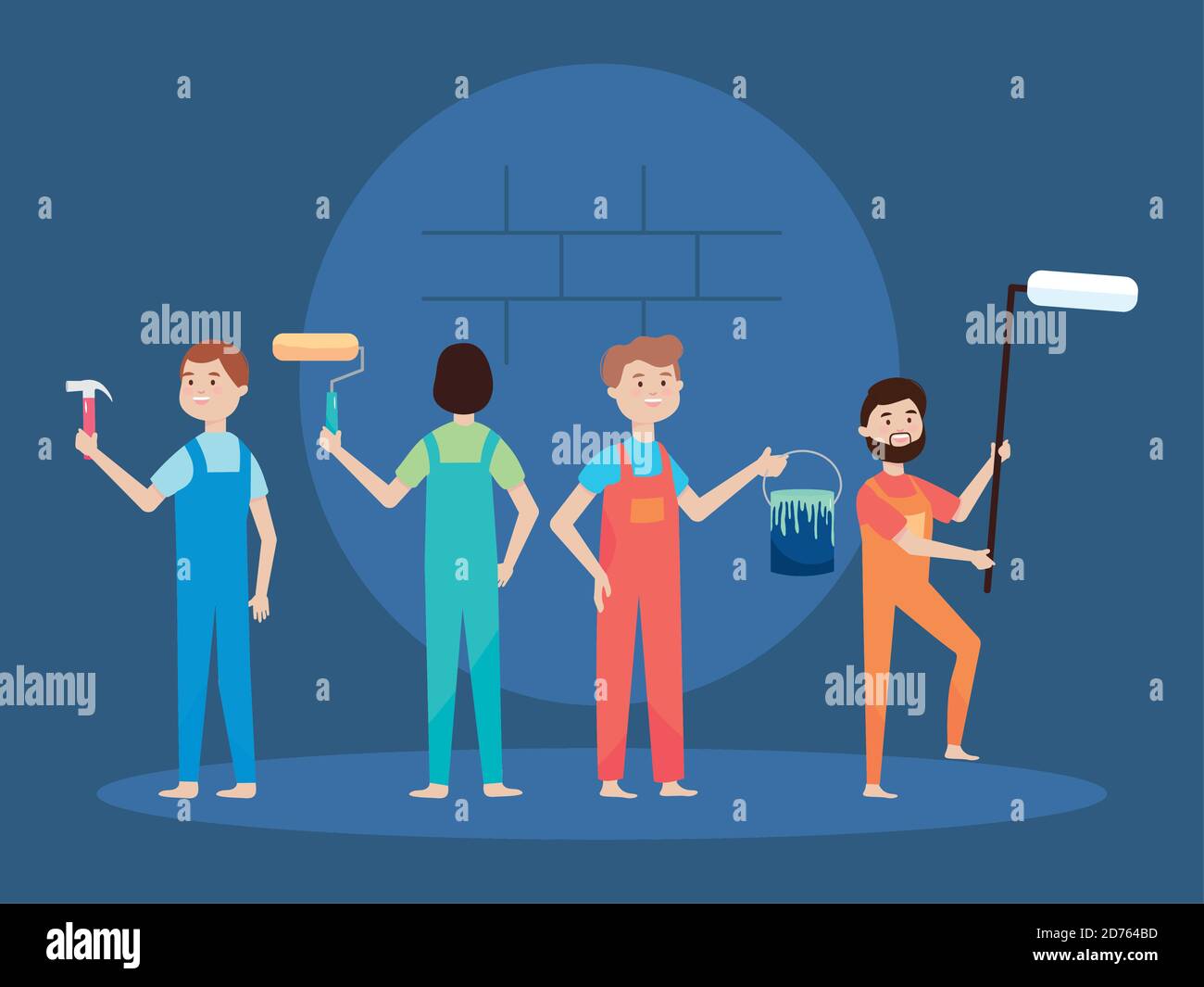 people workers with paint roller brush bucket and hammer vector ...