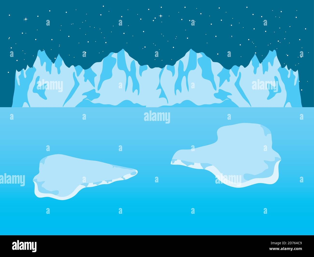 Night Arctic ice landscape with iceberg mountains and blocks, colorful